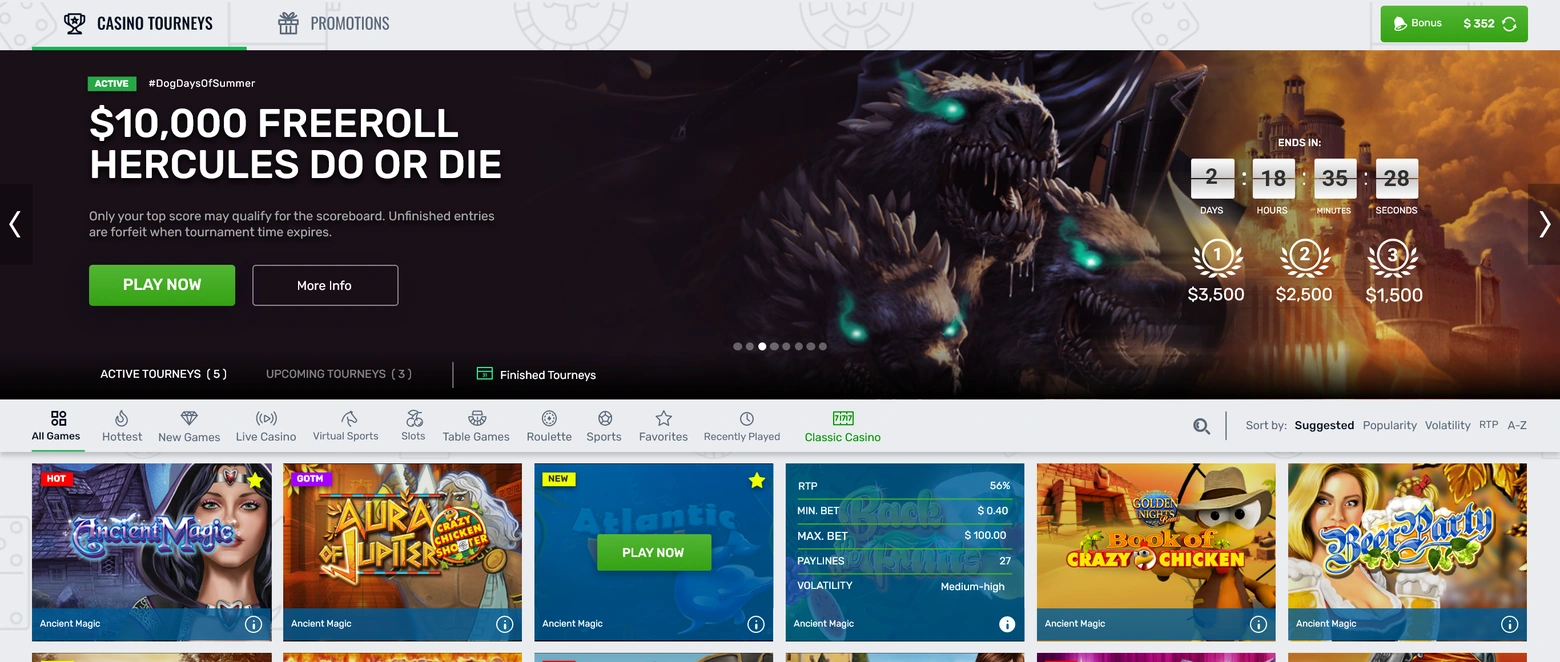 Casino homepage with a tournament promotion, game categories and featured games