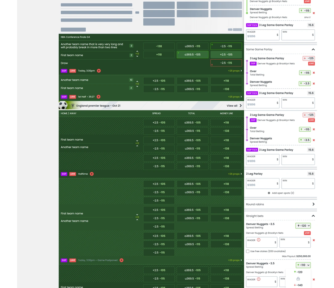 Sportsbook event rows, loading placeholders and betslip component states