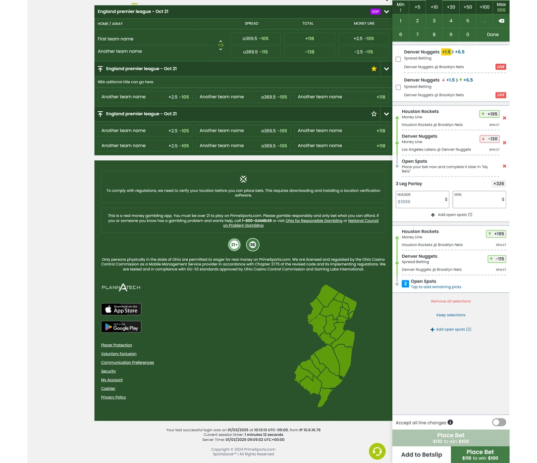 Sportsbook market listings, footer elements, loading indicator and betslip actions