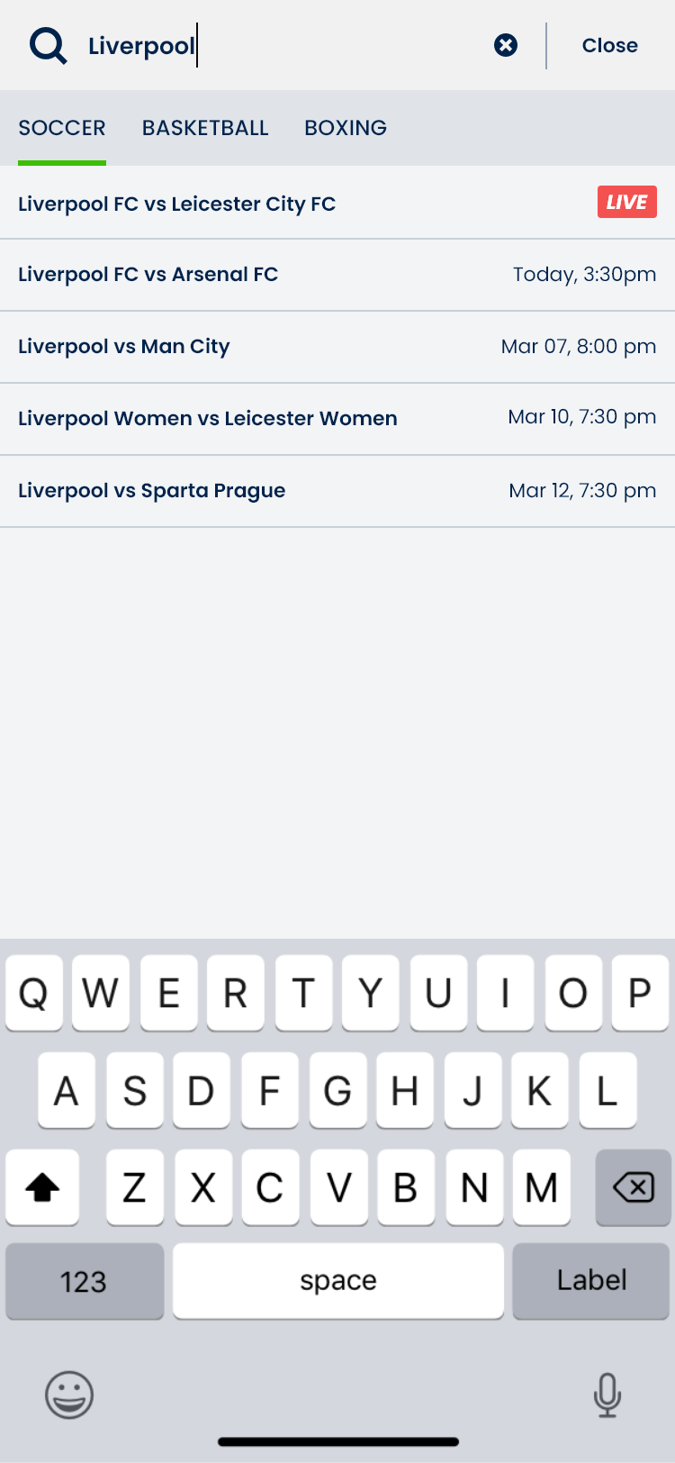 Mobile search results for Liverpool with sport tabs and an on-screen keyboard