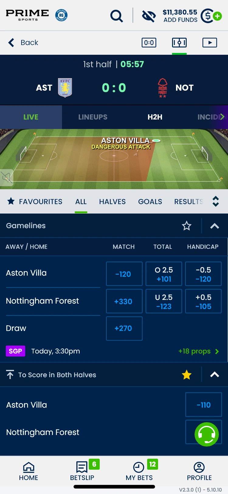 Mobile soccer event page with live match visualization, market tabs and odds