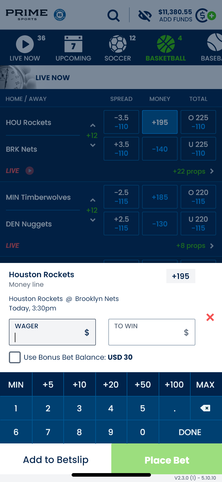 Quick bet panel over the event list with wager entry and a numeric keypad