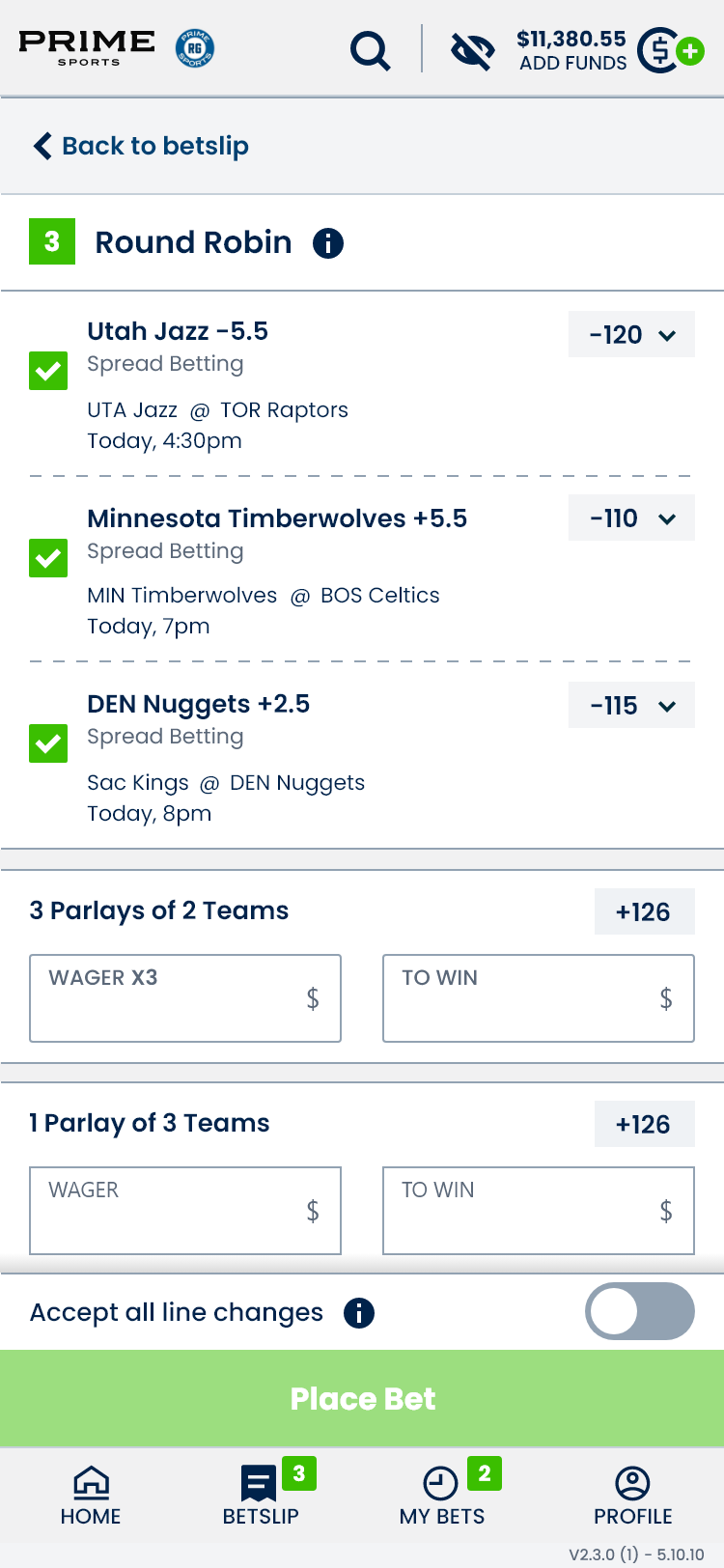 Mobile Round Robin builder showing three selections and available parlay combinations