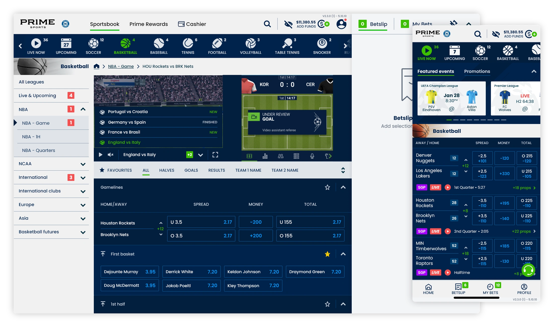 Prime Sportsbook desktop and mobile layouts with sports navigation, live events and odds