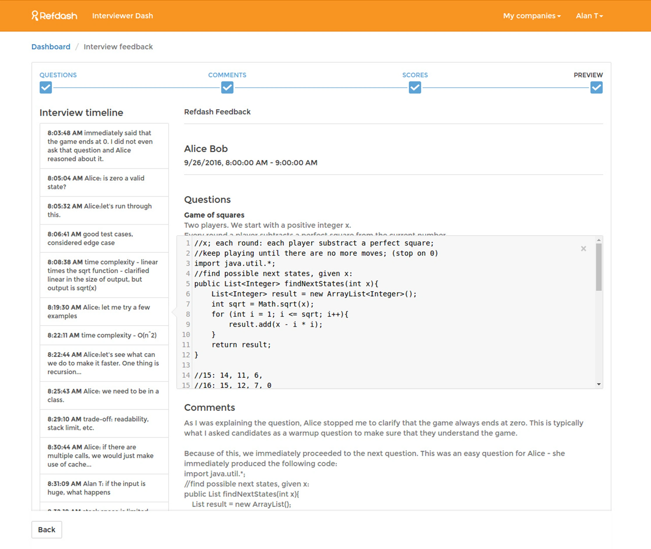 Refdash interviewer feedback form with a timestamped timeline, questions, code and comments