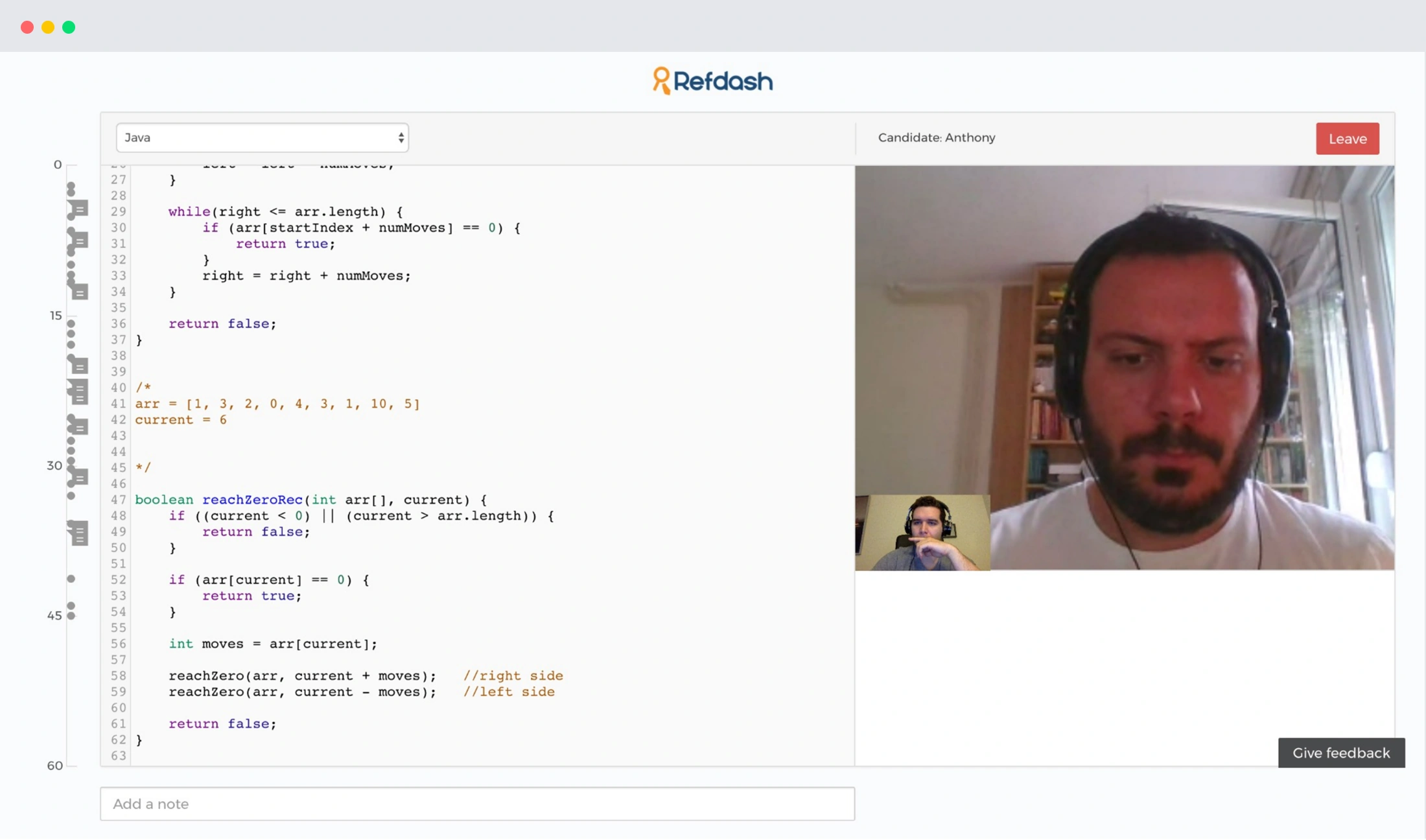 Refdash live interview workspace with a collaborative code editor, video call and note-taking control