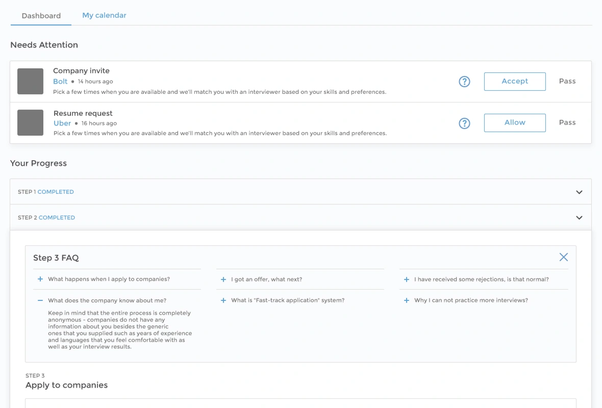 Refdash candidate dashboard with company invitations, resume requests and interview progress