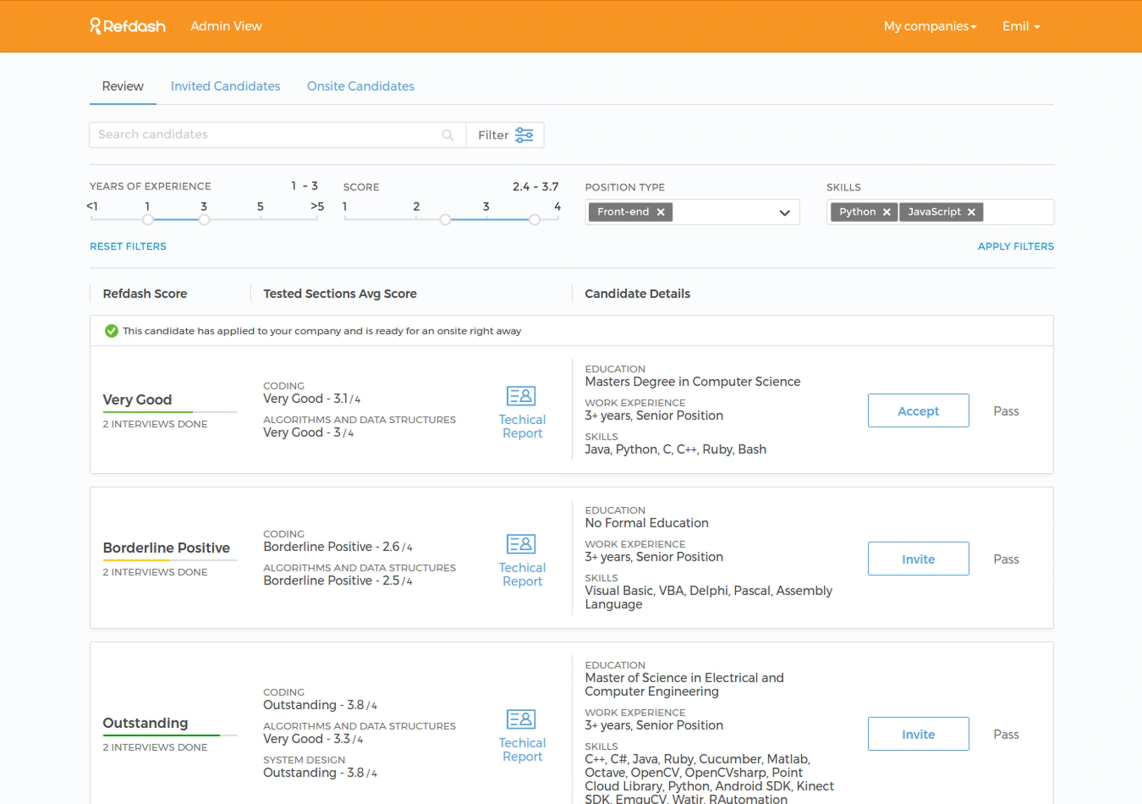Refdash recruiter dashboard with candidate filters, assessment summaries, report links and invitation actions