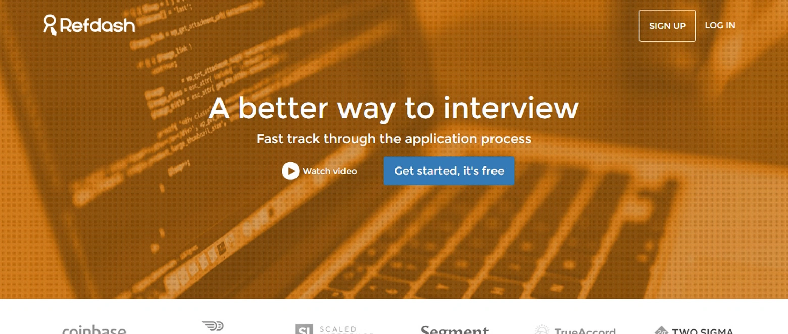 Refdash landing page with the headline A better way to interview and a signup action