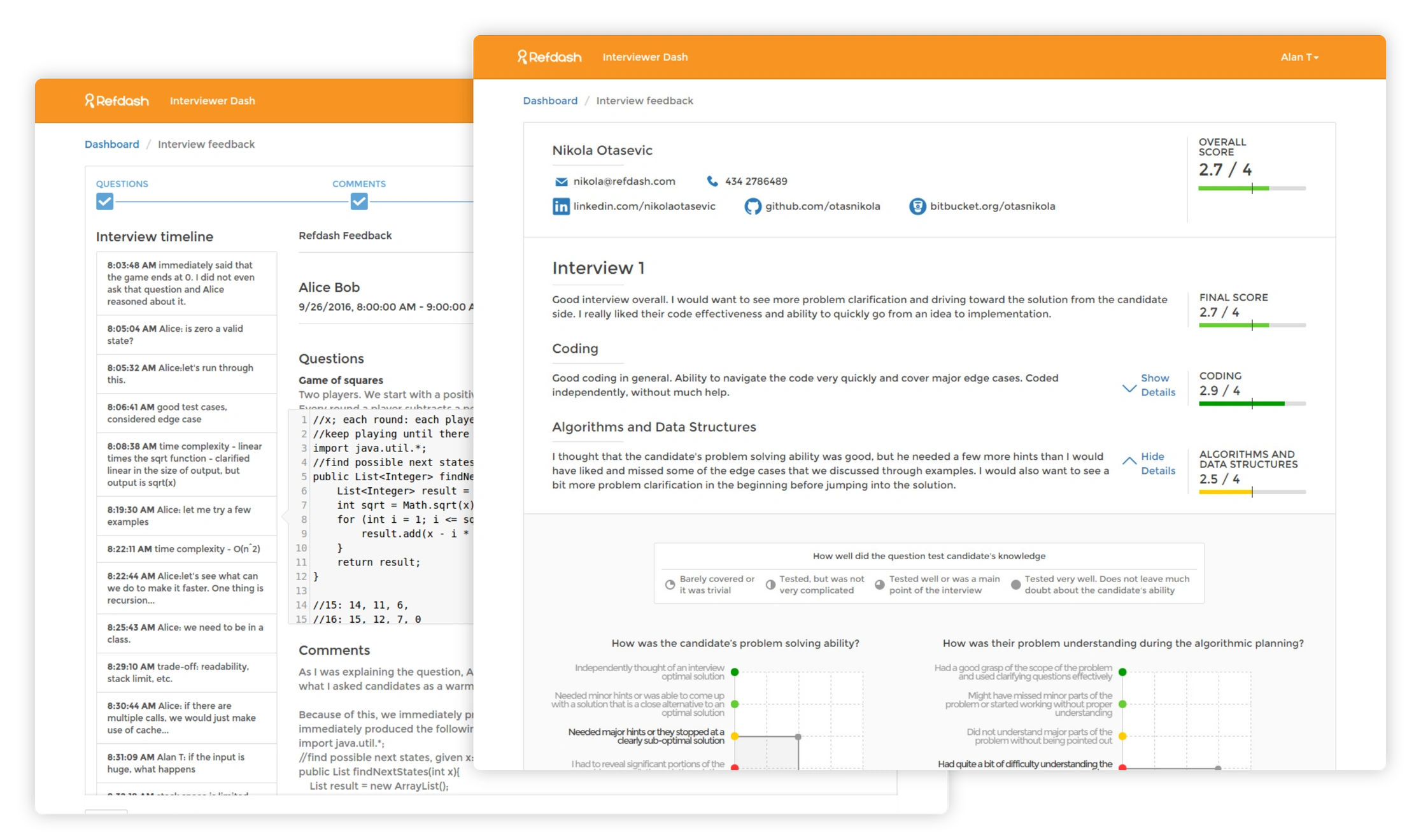 Refdash interview feedback and technical assessment reports with comments, scores and skill ratings